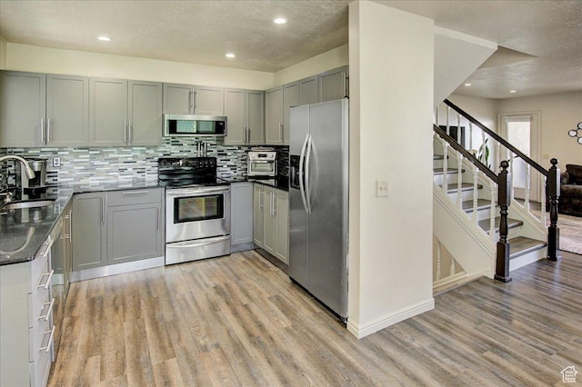 5812 Club View Ln, South Ogden, UT 84405 - kitchen featuring stainless steel appliances, gray cabinetry, light wood finished floors, a textured ceiling, and recessed lighting