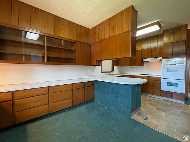 15 E Main, Wellsville, UT 84339 - kitchen with white appliances, open shelves, under cabinet range hood, a sink, and brown cabinets