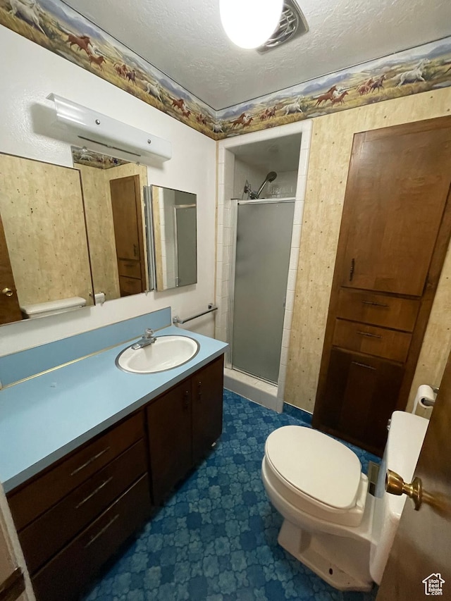 15 E Main, Wellsville, UT 84339 - full bathroom with tile patterned floors, a shower stall, vanity, a textured ceiling, and toilet