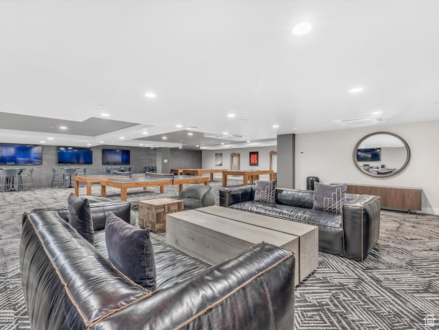 carpeted living room featuring recessed lighting
