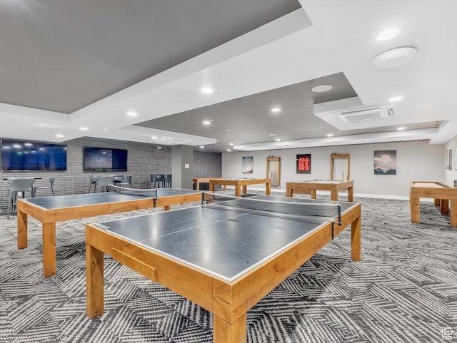 rec room with a tray ceiling, carpet flooring, billiards table, recessed lighting, and baseboards