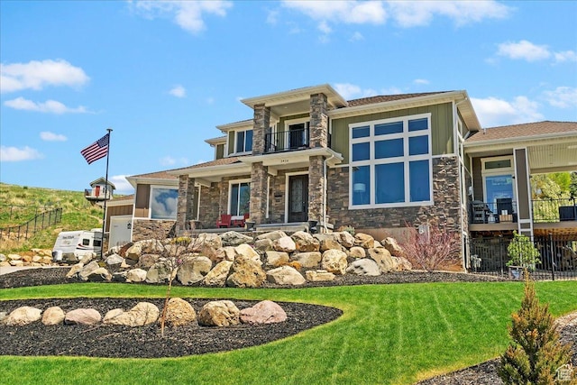 3416 W Spring Cir, Mountain Green, UT 84050 - prairie-style house featuring a balcony and stone siding