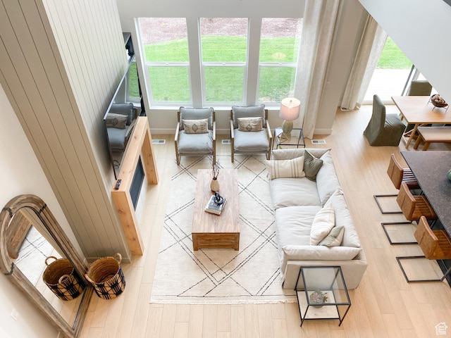 living area with light wood finished floors, plenty of natural light, and baseboards