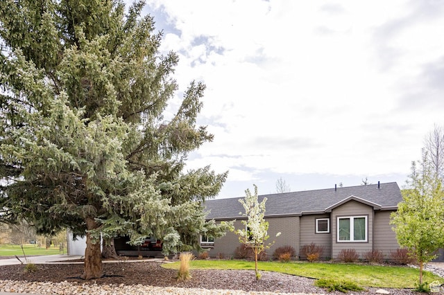 view of front facade featuring a front yard, driveway, and a shingled roof