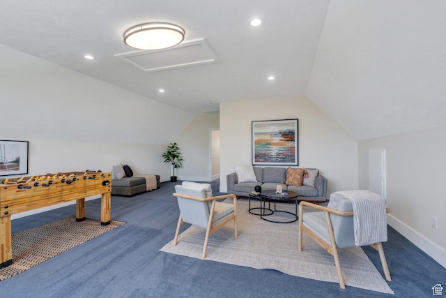 office featuring attic access, lofted ceiling, carpet, baseboards, and recessed lighting