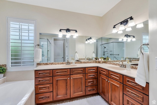 bathroom featuring a stall shower, healthy amount of natural light, and double vanity