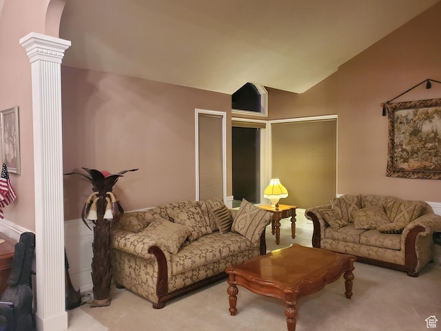 22 Snowstar Ln, Sandy, UT 84092 - carpeted living room with ornate columns and vaulted ceiling