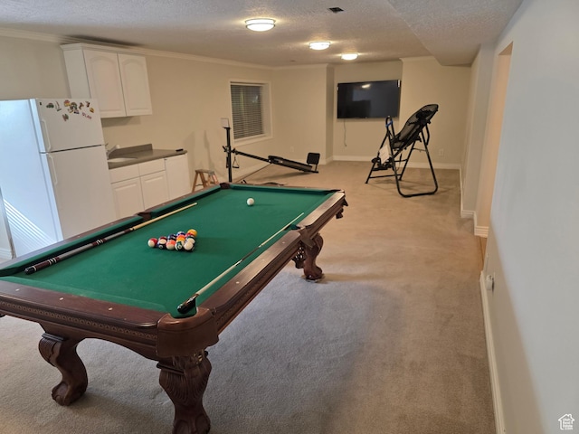 22 Snowstar Ln, Sandy, UT 84092 - rec room featuring a textured ceiling, billiards, light colored carpet, baseboards, and crown molding