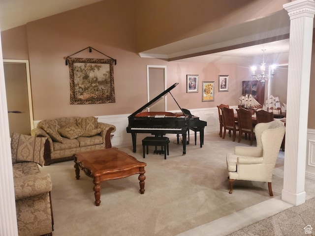 22 Snowstar Ln, Sandy, UT 84092 - living room with carpet floors, ornate columns, a chandelier, wainscoting, and a decorative wall
