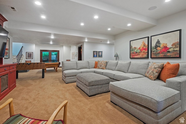 living room featuring light colored carpet, recessed lighting, and billiards
