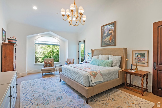 bedroom featuring a chandelier, vaulted ceiling, light colored carpet, baseboards, and recessed lighting