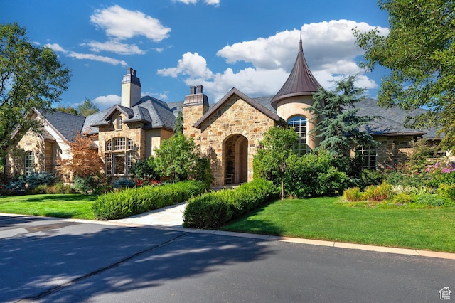 view of front facade featuring stone siding, a front yard, and a chimney