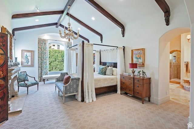bedroom featuring arched walkways, a chandelier, recessed lighting, and baseboards
