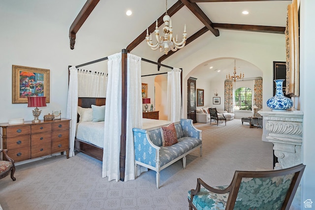 carpeted bedroom featuring a chandelier, arched walkways, beam ceiling, recessed lighting, and high vaulted ceiling