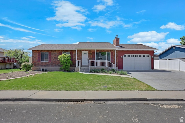 621 W 920 N, Orem, UT 84057 - ranch-style home featuring a garage, concrete driveway, a chimney, a porch, and brick siding