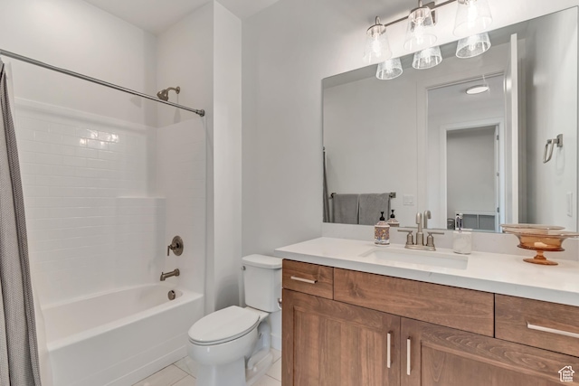 bathroom featuring toilet, shower / bath combo with shower curtain, vanity, and tile patterned floors