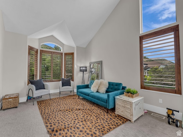 living area featuring carpet floors, baseboards, and high vaulted ceiling