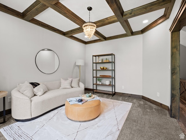 living room featuring coffered ceiling, beam ceiling, a chandelier, baseboards, and carpet