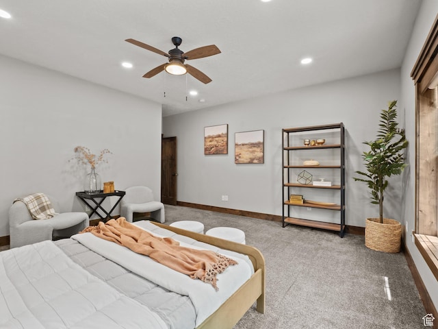 carpeted bedroom with recessed lighting, baseboards, and ceiling fan