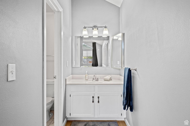 bathroom with toilet, vanity, and a textured wall