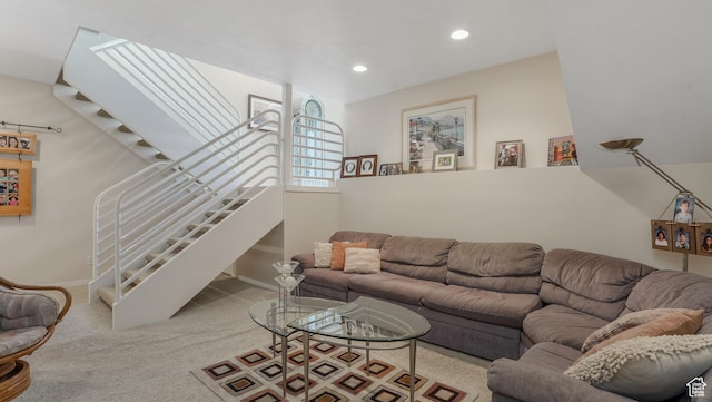 10804 S Lostwood Dr, Sandy, UT 84092 - living room featuring stairway, carpet flooring, recessed lighting, and baseboards
