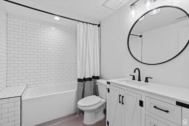 13741 S 3870 W, Riverton, UT 84065 - full bath featuring vanity, toilet, shower / tub combo, a textured ceiling, and tile patterned floors