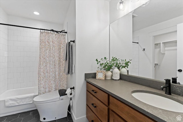 full bath featuring tile patterned floors, vanity, toilet, shower / tub combo with curtain, and recessed lighting