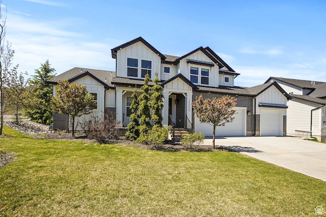 view of front of house with board and batten siding, driveway, an attached garage, and a front lawn