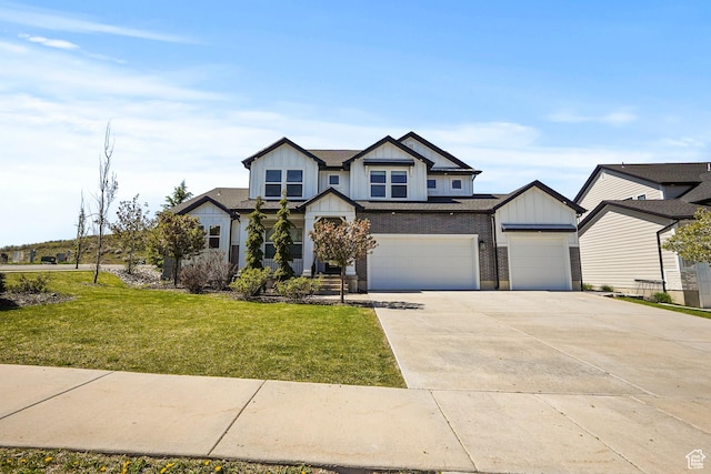 view of front of home featuring board and batten siding, concrete driveway, a front lawn, and a garage