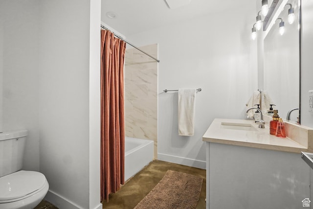 bathroom featuring toilet, shower / bath combo, vanity, baseboards, and concrete floors