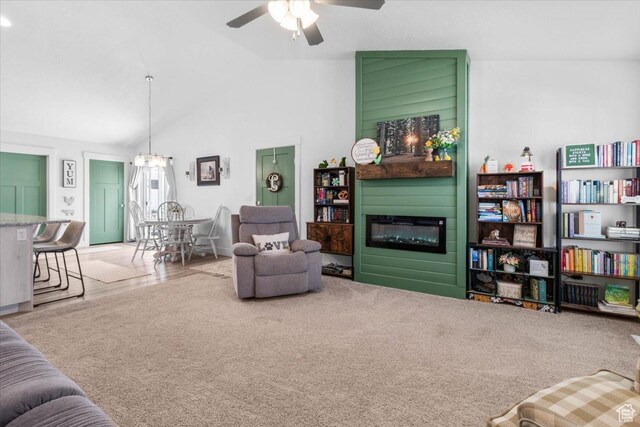 40 E 920 N, Santaquin, UT 84655 - living room with a large fireplace, ceiling fan, and high vaulted ceiling