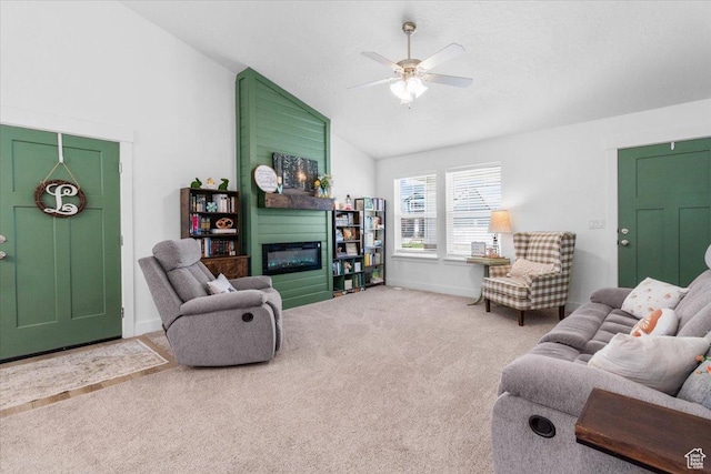 40 E 920 N, Santaquin, UT 84655 - carpeted living area with a ceiling fan, a glass covered fireplace, baseboards, and high vaulted ceiling