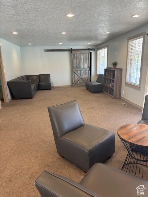 8 W Rio Grande Pl, West Jordan, UT 84088 - living area featuring carpet flooring, a textured ceiling, recessed lighting, a barn door, and baseboards