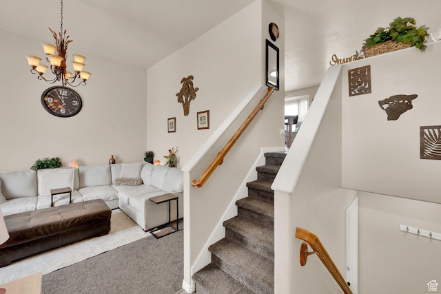 980 Woodstock Dr, North Salt Lake, UT 84054 - living room featuring a chandelier, carpet floors, and stairs