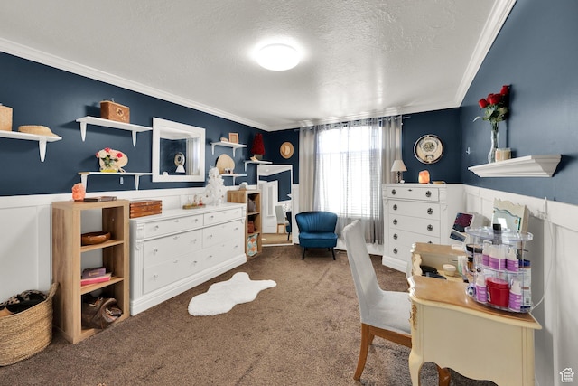 980 Woodstock Dr, North Salt Lake, UT 84054 - bedroom featuring a textured ceiling, ornamental molding, carpet, and a wainscoted wall