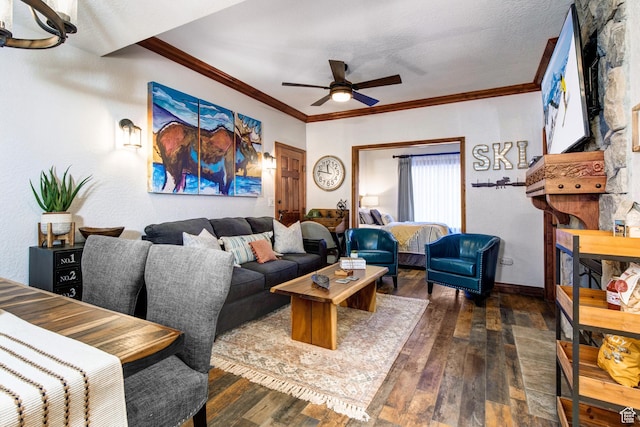 3000 Canyons Resort Dr Unit 3716, Park City, UT 84098 - living area with ornamental molding, dark wood-style floors, a ceiling fan, baseboards, and a fireplace