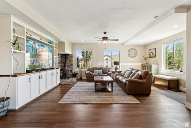 9288 N Harmony Way, Eagle Mountain, UT 84005 - living area featuring a wood stove, plenty of natural light, dark wood-style flooring, and recessed lighting