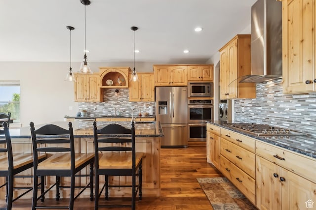 9288 N Harmony Way, Eagle Mountain, UT 84005 - kitchen featuring stainless steel appliances, light brown cabinets, wall chimney exhaust hood, decorative backsplash, and recessed lighting