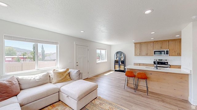 living room featuring recessed lighting, light wood-type flooring, baseboards, and a textured ceiling