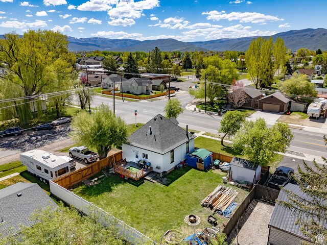 aerial view of residential area with a mountain backdrop