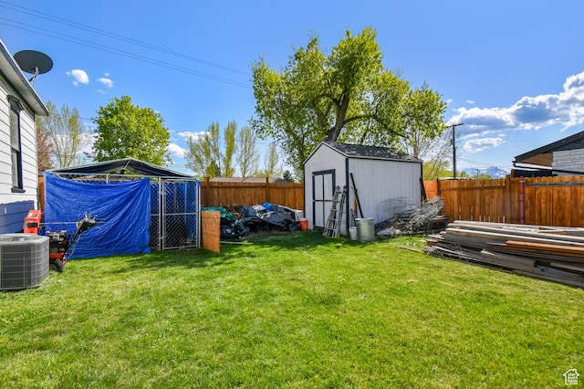 view of yard featuring cooling unit, a storage unit, and an outbuilding