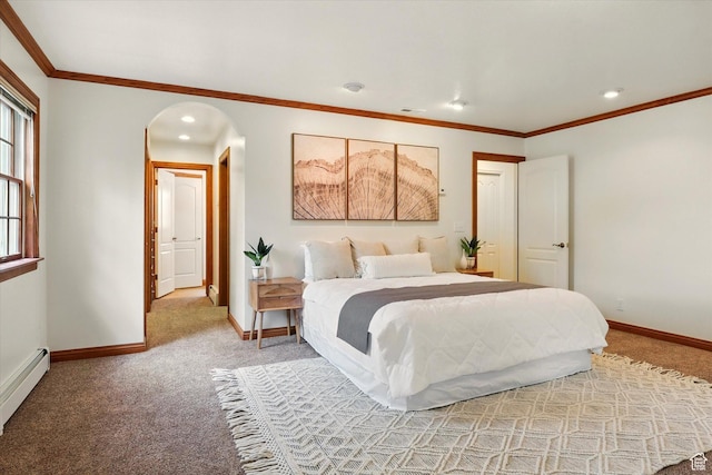 bedroom with light carpet, baseboards, arched walkways, baseboard heating, and crown molding