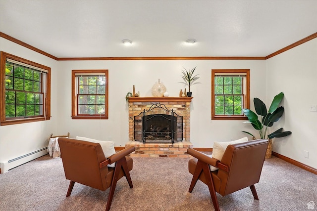 living area with a baseboard radiator, carpet, healthy amount of natural light, ornamental molding, and a fireplace