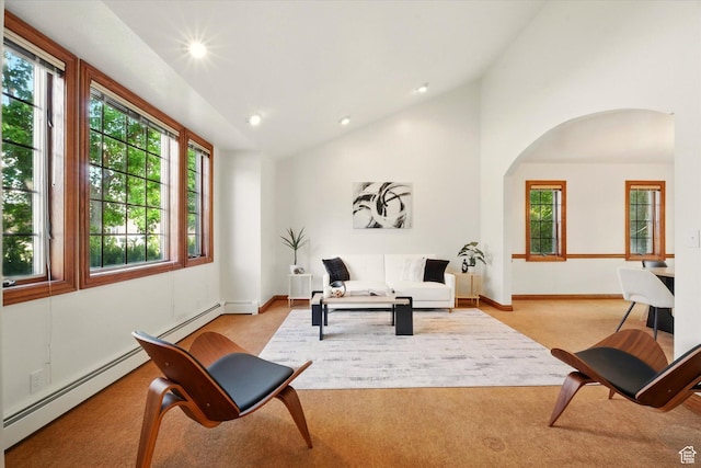 living room with light carpet, arched walkways, vaulted ceiling, recessed lighting, and baseboard heating