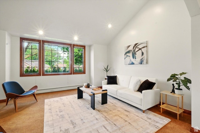 living room with baseboard heating, recessed lighting, and vaulted ceiling