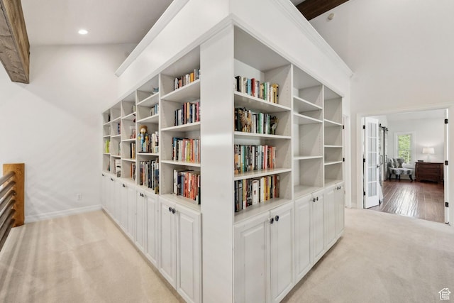3339 W Big Spruce Way, Park City, UT 84098 - corridor with light colored carpet, baseboards, recessed lighting, french doors, and built in shelves