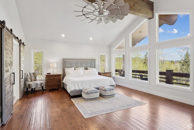 3339 W Big Spruce Way, Park City, UT 84098 - bedroom with a barn door, high vaulted ceiling, dark wood-style flooring, recessed lighting, and baseboards