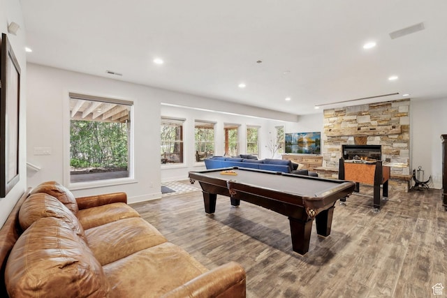 3339 W Big Spruce Way, Park City, UT 84098 - game room with pool table, wood finished floors, recessed lighting, plenty of natural light, and a fireplace
