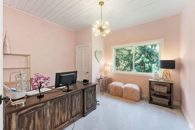 3339 W Big Spruce Way, Park City, UT 84098 - home office featuring a chandelier, light carpet, baseboards, and wooden ceiling
