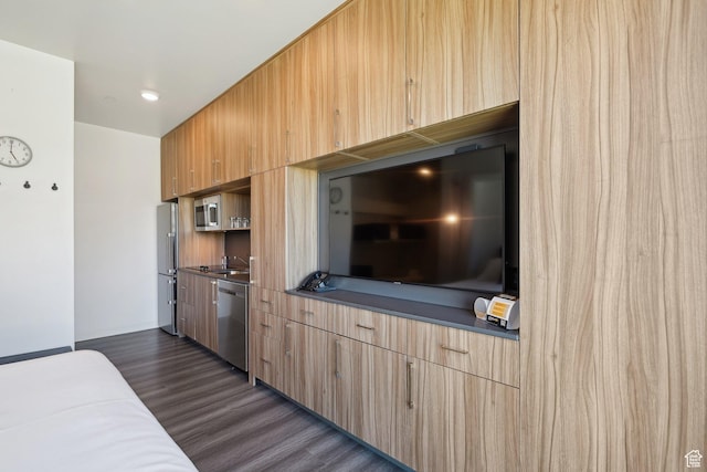 2670 Canyons Resort Dr Unit 238, Park City, UT 84098 - kitchen featuring stainless steel appliances, dark wood-type flooring, light brown cabinets, and modern cabinets